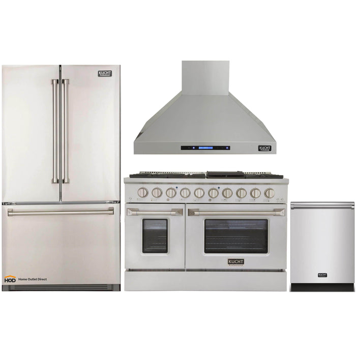 Kucht 4-Piece Appliance Package - 48-Inch Dual Fuel Range, Refrigerator, Wall Mount Hood, & Dishwasher in Stainless Steel