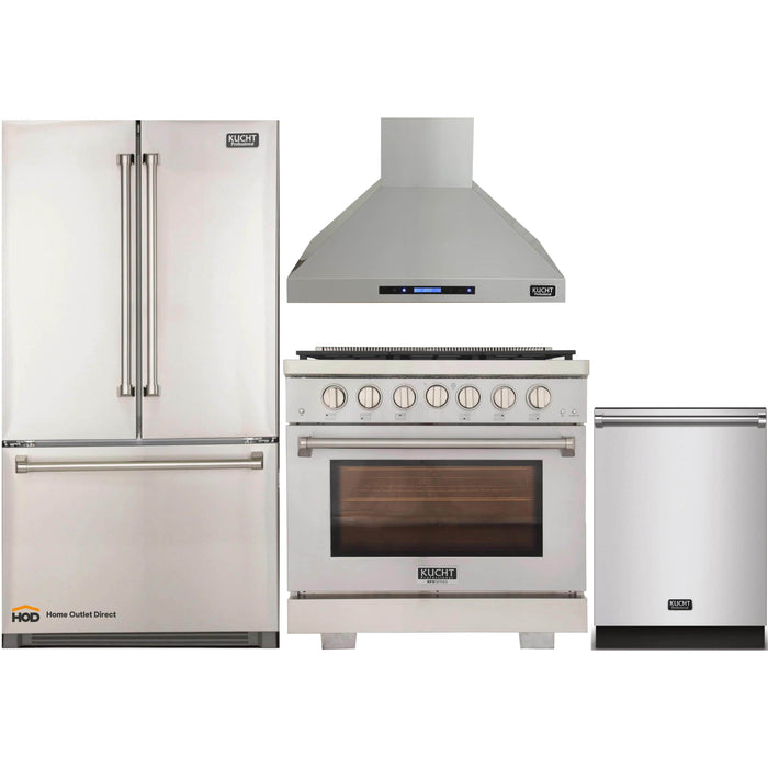 Kucht 4-Piece Appliance Package - 36-Inch Gas Range, Refrigerator, Wall Mount Hood, & Dishwasher in Stainless Steel