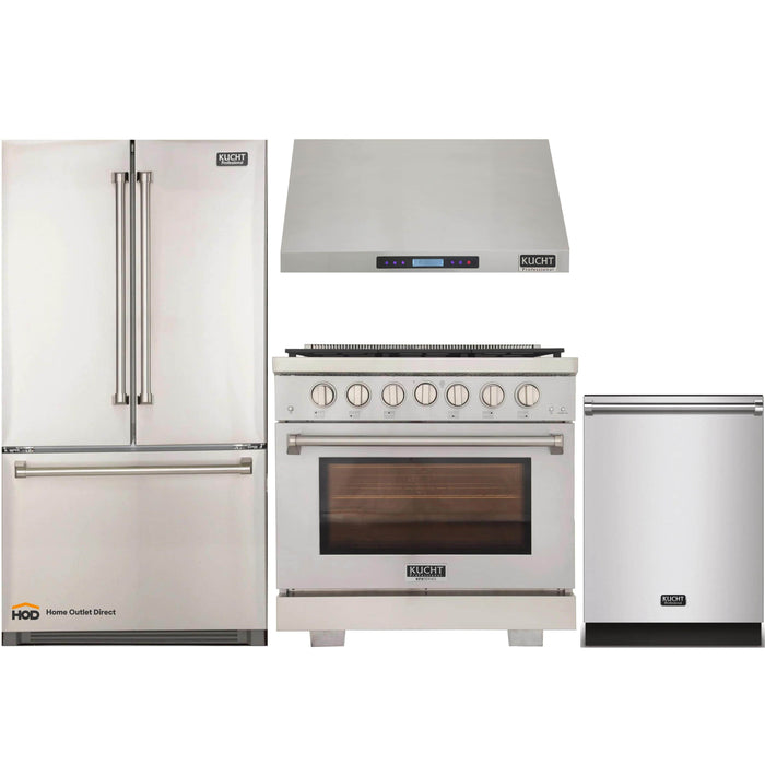 Kucht 4-Piece Appliance Package - 36-Inch Gas Range, Refrigerator, Under Cabinet Hood, & Dishwasher in Stainless Steel