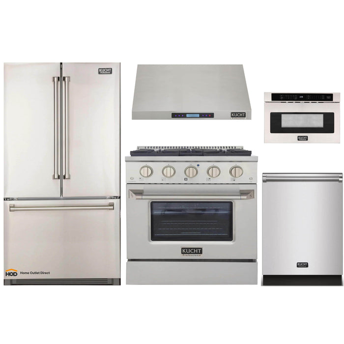 Kucht 5-Piece Appliance Package - 30-Inch Dual Fuel Range, Refrigerator, Under Cabinet Hood, Dishwasher, & Microwave Drawer in Stainless Steel