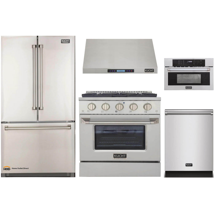 Kucht 5-Piece Appliance Package - 30-Inch Dual Fuel Range, Refrigerator, Under Cabinet Hood, Dishwasher, & Microwave Oven in Stainless Steel