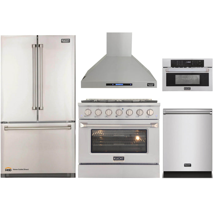 Kucht 5-Piece Appliance Package - 36-Inch Dual Range, Refrigerator, Wall Mount Hood, Dishwasher, & Microwave Oven in Stainless Steel