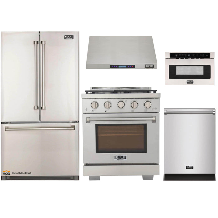 Kucht 5-Piece Appliance Package - 30-Inch Gas Range, Refrigerator, Under Cabinet Hood, Dishwasher, & Microwave Drawer in Stainless Steel