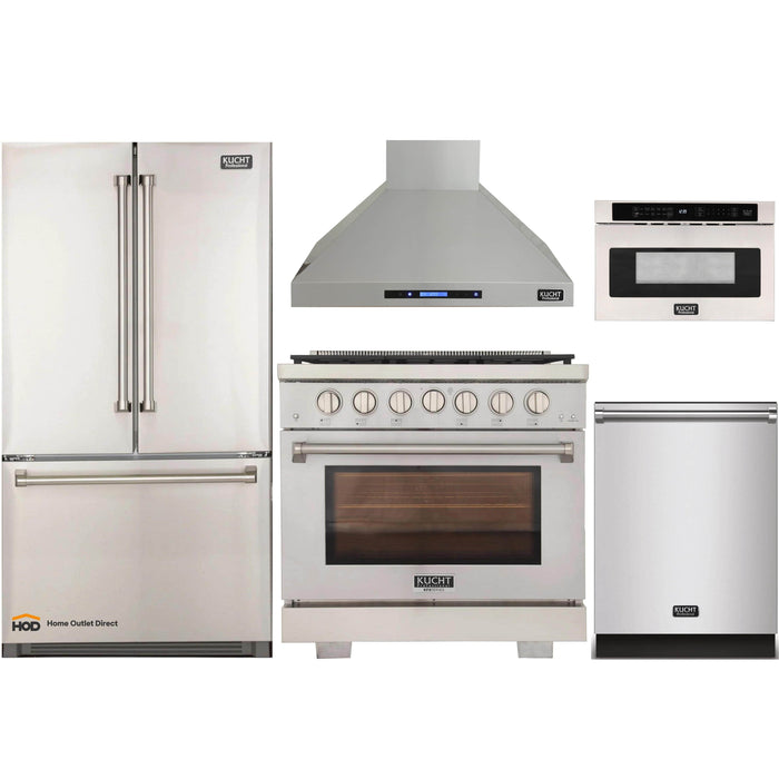 Kucht 5-Piece Appliance Package - 36-Inch Gas Range, Refrigerator, Wall Mount Hood, Dishwasher, & Microwave Drawer in Stainless Steel