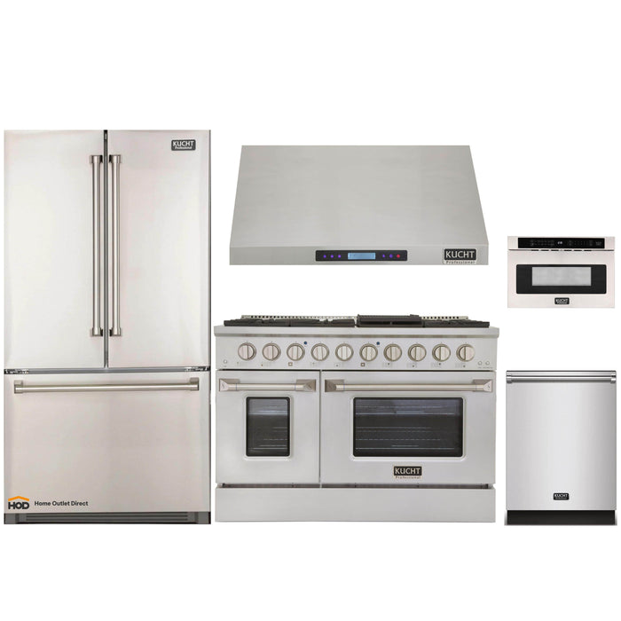 Kucht 5-Piece Appliance Package - 48-Inch Gas Range, Refrigerator, Under Cabinet Hood, Dishwasher, & Microwave Drawer in Stainless Steel