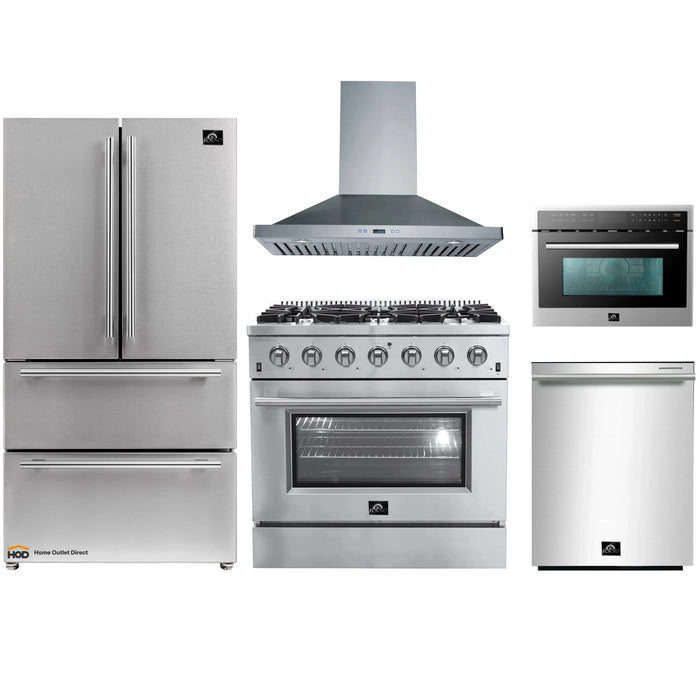 Forno 5-Piece Appliance Package - 36-Inch Gas Range, Refrigerator, Wall Mount Hood, Microwave Oven, & 3-Rack Dishwasher in Stainless Steel