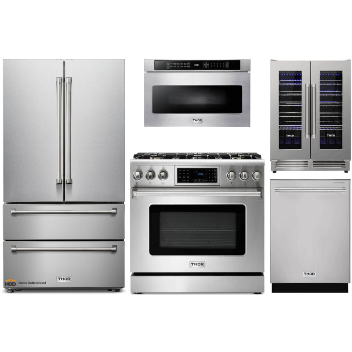 Thor Kitchen 5-Piece Appliance Package - 36-Inch Gas Range with Tilt Panel, French Door Refrigerator, Dishwasher, Microwave Drawer, & Wine Cooler in Stainless Steel