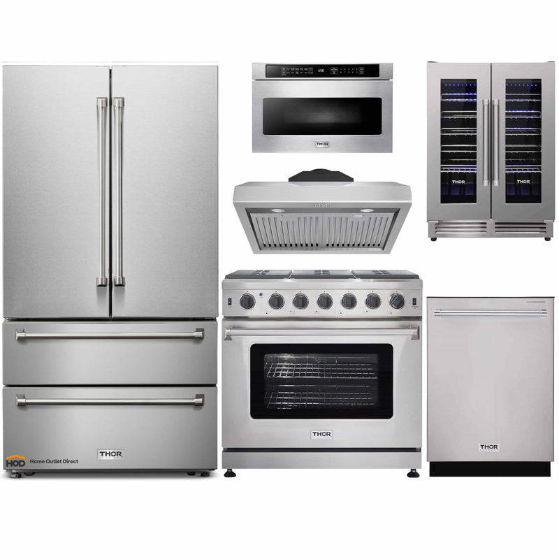 Thor Kitchen 6-Piece Appliance Package - 36-Inch Gas Range, French Door Refrigerator, Under Cabinet Hood, Dishwasher, Microwave Drawer, and Wine Cooler in Stainless Steel