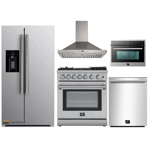 Forno 5-Piece Appliance Package - 30-Inch Dual Fuel Range with Air Fryer, Refrigerator with Water Dispenser, Wall Mount Hood, Microwave Drawer, & 3-Rack Dishwasher in Stainless Steel