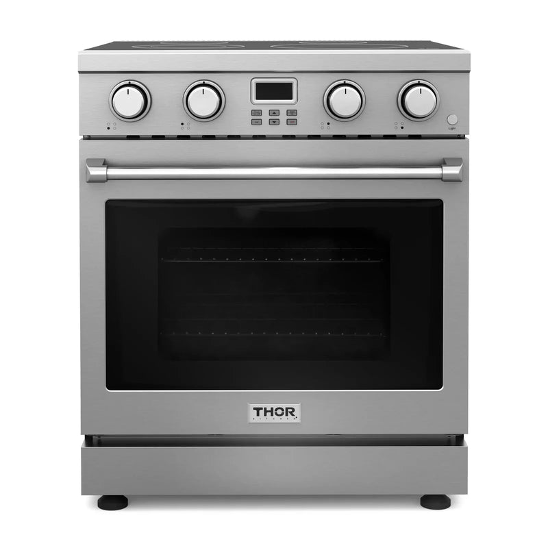 Thor Kitchen 5-Piece Appliance Package - 30-Inch Electric Range, Wall Mount Range Hood, Refrigerator with Water Dispenser, Dishwasher, and Microwave in Stainless Steel