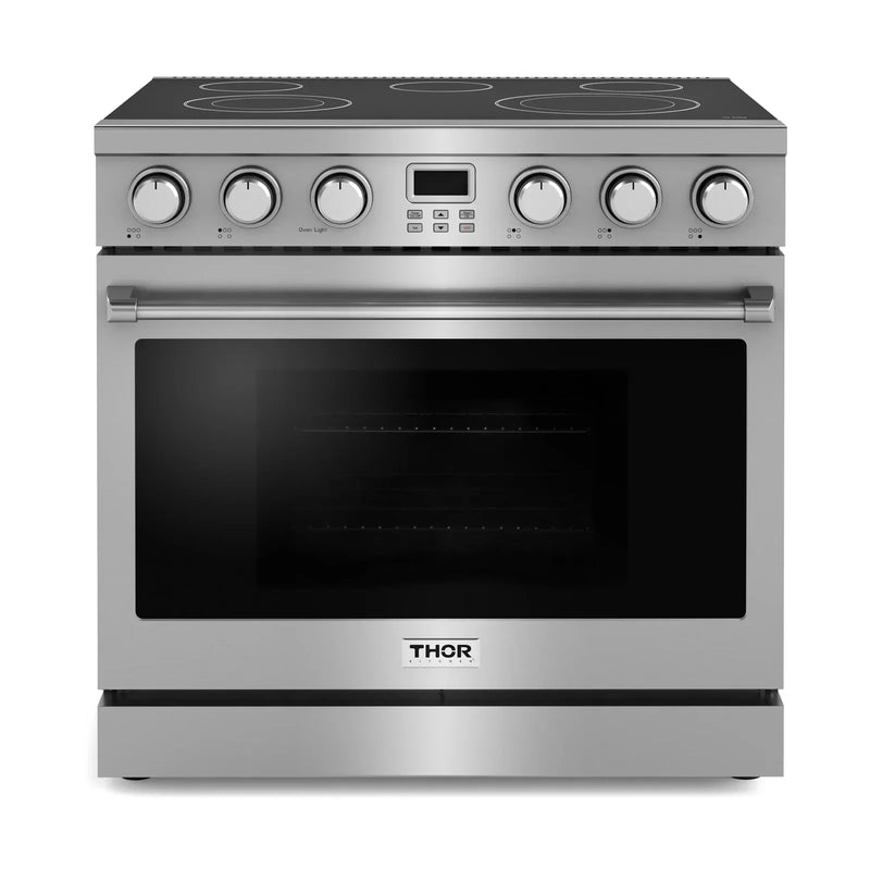 Thor Kitchen 6-Piece Appliance Package - 36-Inch Electric Range, Wall Mount Range Hood, Refrigerator, Dishwasher, Microwave, and Wine Cooler in Stainless Steel
