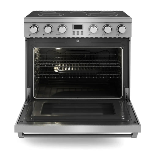 Thor Kitchen 6-Piece Appliance Package - 36-Inch Electric Range, Pro-Style Wall Mount Range Hood, Refrigerator, Dishwasher, Microwave, and Wine Cooler in Stainless Steel