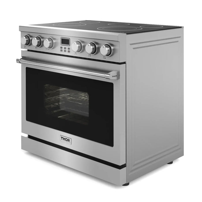 Thor Kitchen 4-Piece Appliance Package - 36-Inch Electric Range, Wall Mount Range Hood, Refrigerator, and Dishwasher in Stainless Steel