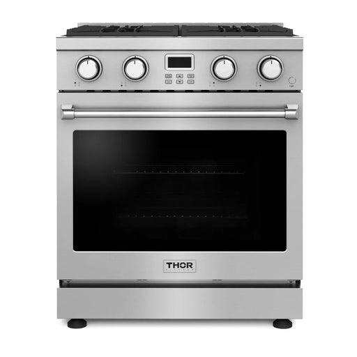 Thor Kitchen 4-Piece Appliance Package - 30-Inch Gas Range, Wall Mounted Range Hood, Refrigerator with Water Dispenser, and Dishwasher in Stainless Steel