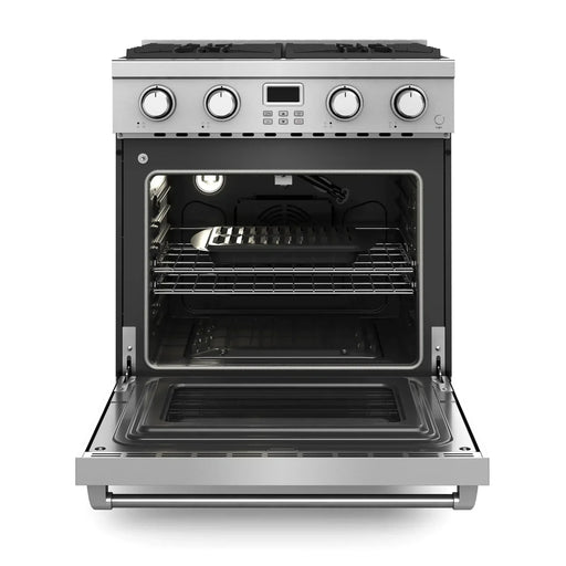 Thor Kitchen 6-Piece Appliance Package - 30-Inch Gas Range, Wall Mount Range Hood, Refrigerator with Water Dispenser, Dishwasher, Microwave, and Wine Cooler in Stainless Steel