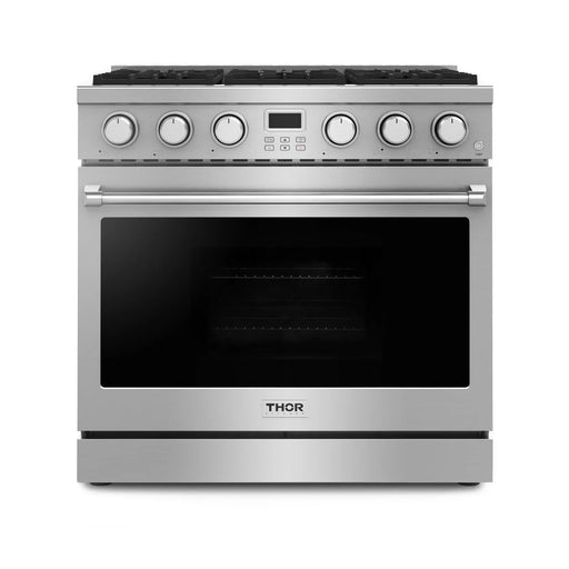 Thor Kitchen 4-Piece Appliance Package - 36-Inch Gas Range, Wall Mount Range Hood, Refrigerator, and Dishwasher in Stainless Steel