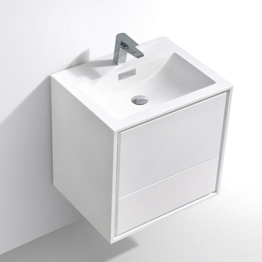 KubeBath DeLusso 24" High Glossy White Wall Mount Modern Bathroom Vani