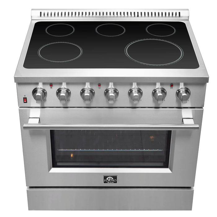 Forno 4-Piece Appliance Package - 36-Inch Electric Range, Wall Mount Range Hood with Backsplash, French Door Refrigerator, and Dishwasher in Stainless Steel