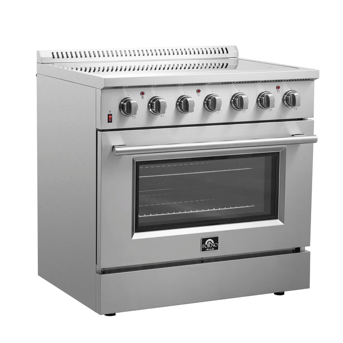 Forno 4-Piece Appliance Package - 36-Inch Electric Range, Wall Mount Range Hood, Pro-Style Refrigerator, and Dishwasher in Stainless Steel