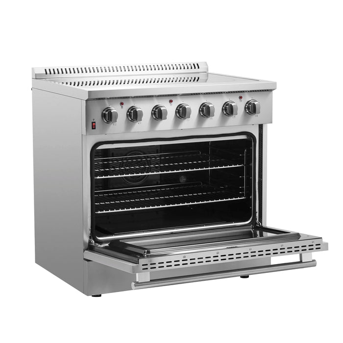 Forno 4-Piece Appliance Package - 36-Inch Electric Range, Wall Mount Range Hood, Pro-Style Refrigerator, and Dishwasher in Stainless Steel