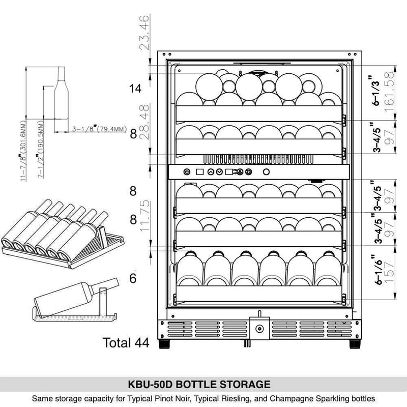 Kings Bottle 44 Bottles 24 Inch Under Counter Dual Zone Wine Cooler Drinks KBU50DX-FG, RHH