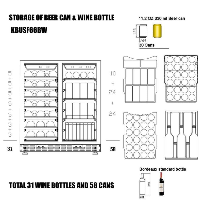 Kings Bottle 30" Under Counter Low-E Glass Door Wine and Beer Cooler Combo KBUSF66BW-SS