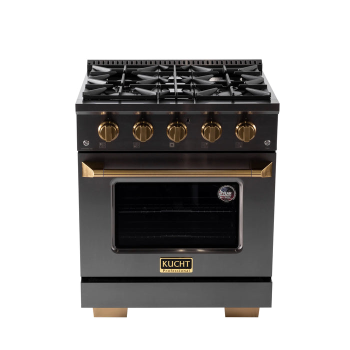 KUCHT Gemstone Professional 30-Inch 4.2 cu. ft. Natural Gas Range with Sealed Burners and Convection Oven in Titanium Stainless Steel with Gold Accents (KEG303)