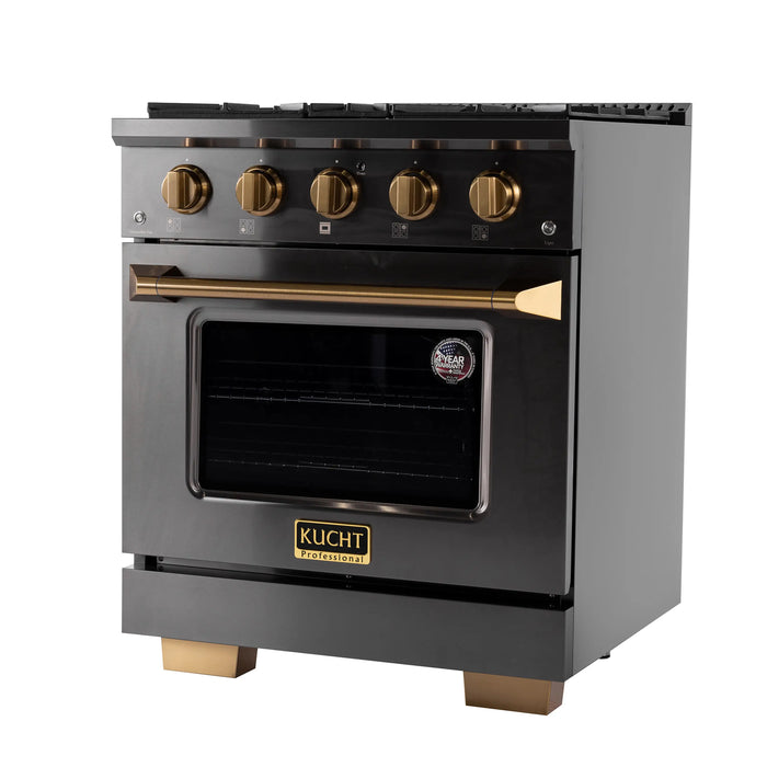 KUCHT Gemstone Professional 30-Inch 4.2 cu. ft. Propane Gas Range with Sealed Burners and Convection Oven in Titanium Stainless Steel with Gold Accents (KEG303/LP)