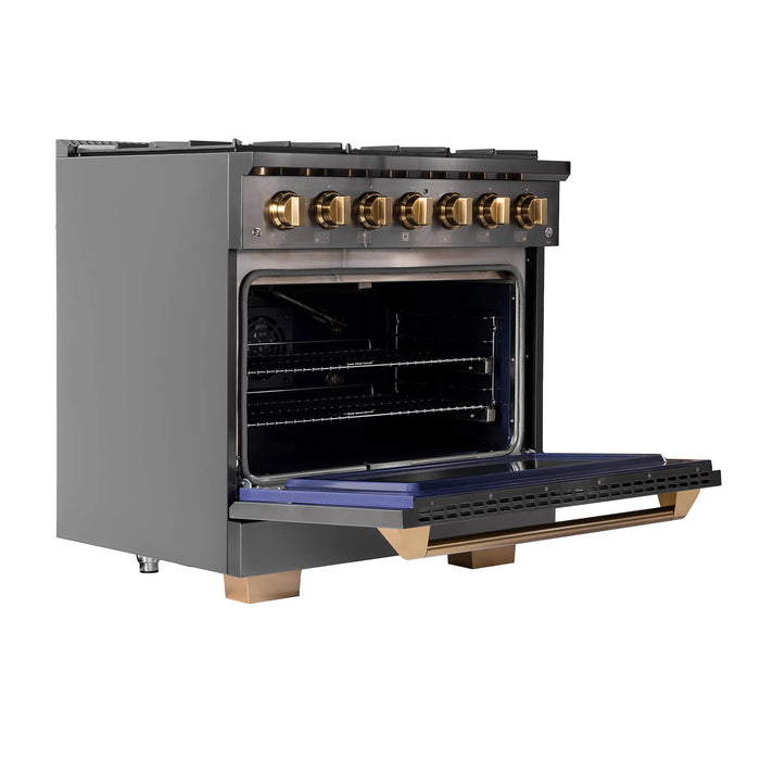 KUCHT Gemstone Professional 36-Inch 5.2 Cu. Ft. Dual Fuel Range for Propane Gas with Sealed Burners and Convection Oven in Titanium Stainless Steel (KED364/LP)