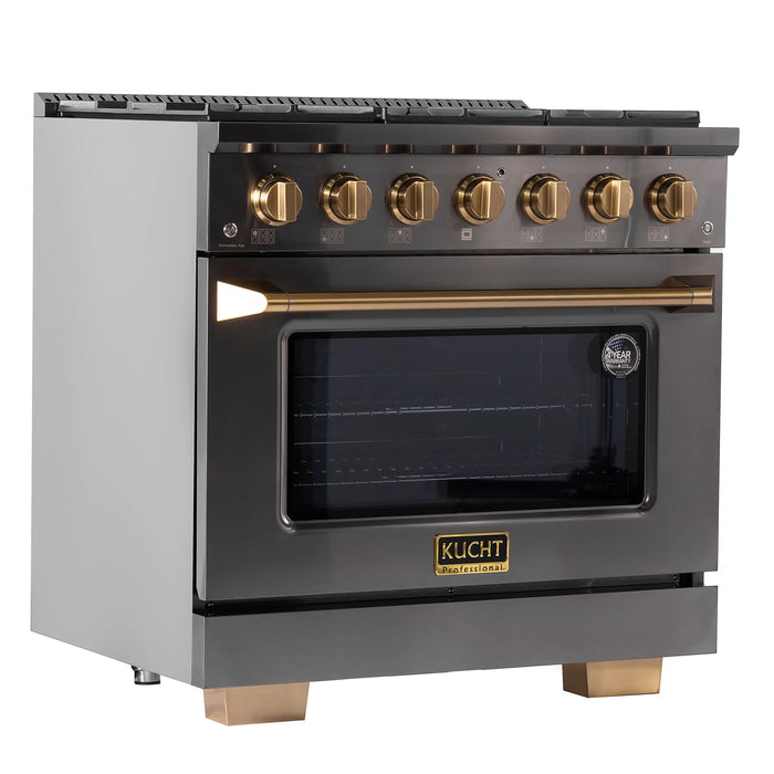 KUCHT Gemstone Professional 36-Inch 5.2 Cu. Ft. Dual Fuel Range for Natural Gas with Sealed Burners and Convection Oven in Titanium Stainless Steel (KED364)