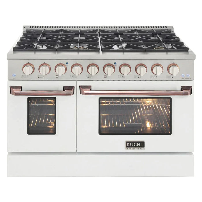 Kucht Signature 48-Inch Gas Range with Convection Oven in White with White Knob & Rose Gold Handle (KNG481-W-ROSE)