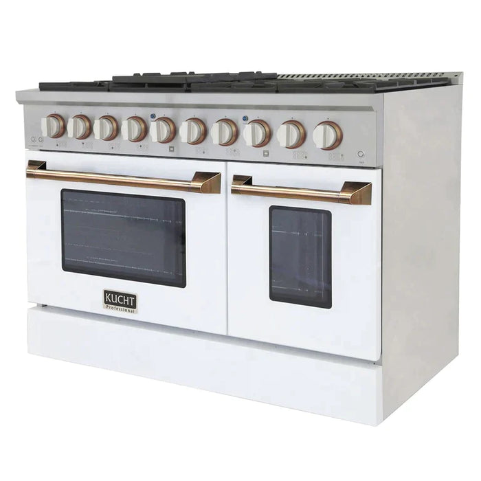 Kucht Signature 48-Inch Gas Range with Convection Oven in White with White Knobs & Gold Handle (KNG481-W-GOLD)