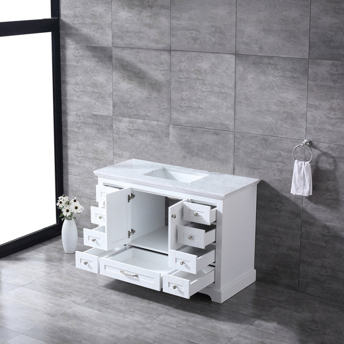 Lexora Dukes 48" White Single Vanity, White Carrara Marble Top, White Square Sink and no Mirror - LD342248SADS000