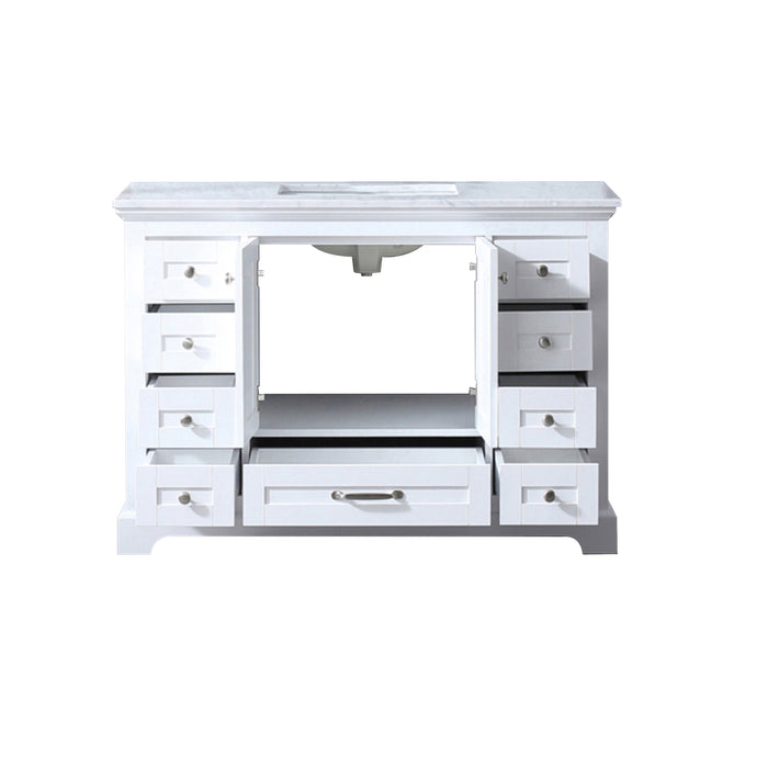 Lexora Dukes 48" White Single Vanity, White Carrara Marble Top, White Square Sink and no Mirror - LD342248SADS000