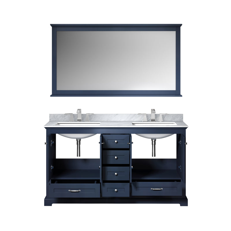 Lexora Dukes 60" Navy Blue Double Vanity, White Carrara Marble Top, White Square Sinks and 58" Mirror LD342260DEDSM58