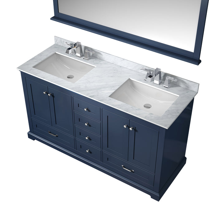 Lexora Dukes 60" Navy Blue Double Vanity, White Carrara Marble Top, White Square Sinks and 58" Mirror LD342260DEDSM58