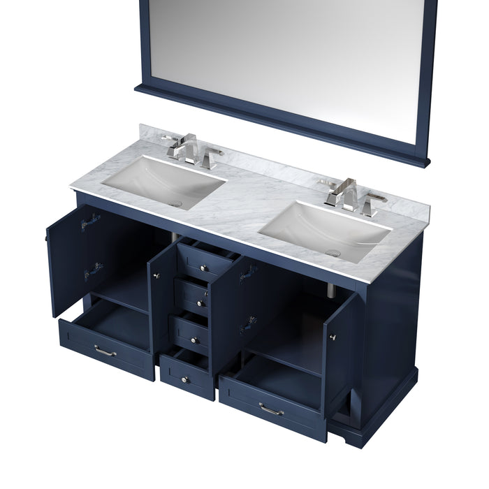 Lexora Dukes 60" Navy Blue Double Vanity, White Carrara Marble Top, White Square Sinks and 58" Mirror LD342260DEDSM58