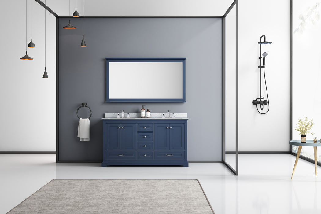 Lexora Dukes 60" Navy Blue Double Vanity, White Carrara Marble Top, White Square Sinks and 58" Mirror LD342260DEDSM58