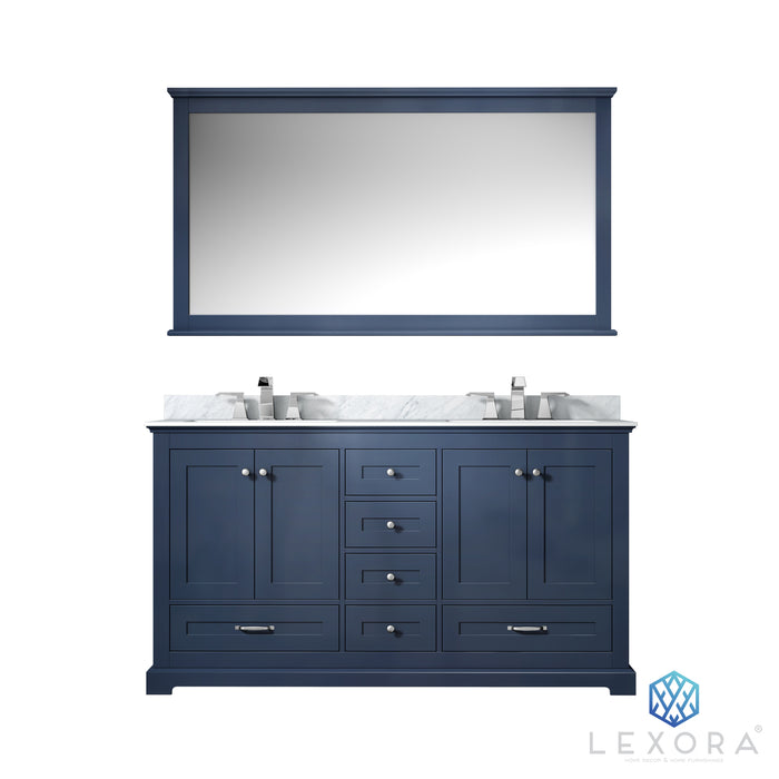 Lexora Dukes 60" Navy Blue Double Vanity, White Carrara Marble Top, White Square Sinks and 58" Mirror LD342260DEDSM58