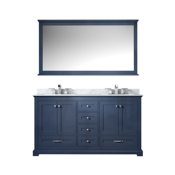 Lexora Dukes 60" Navy Blue Double Vanity, White Carrara Marble Top, White Square Sinks and 58" Mirror LD342260DEDSM58