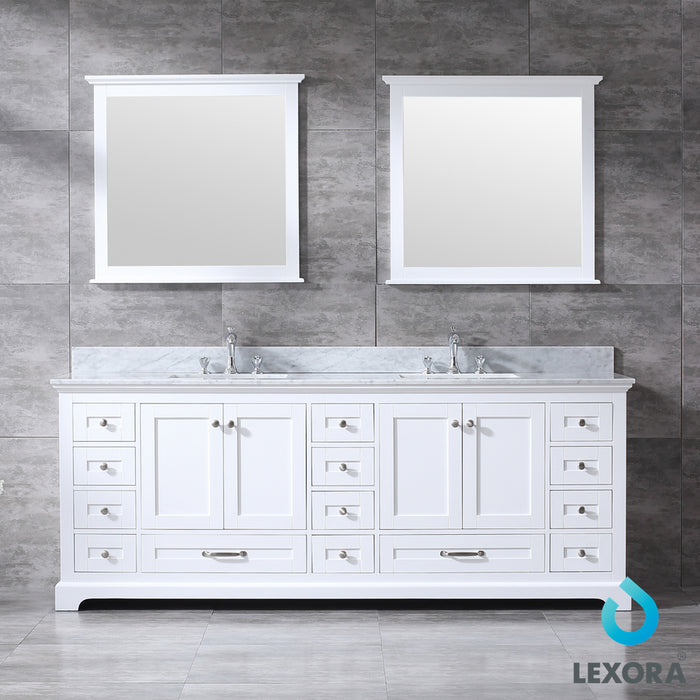 Lexora Dukes 84" White Double Vanity, White Carrara Marble Top, White Square Sinks and 34" Mirrors w/ Faucets LD342284DADSM34F