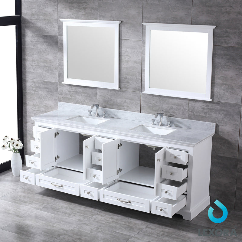 Lexora Dukes 84" White Double Vanity, White Carrara Marble Top, White Square Sinks and 34" Mirrors w/ Faucets LD342284DADSM34F