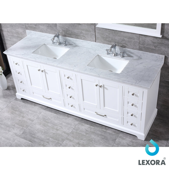 Lexora Dukes 84" White Double Vanity, White Carrara Marble Top, White Square Sinks and 34" Mirrors w/ Faucets LD342284DADSM34F