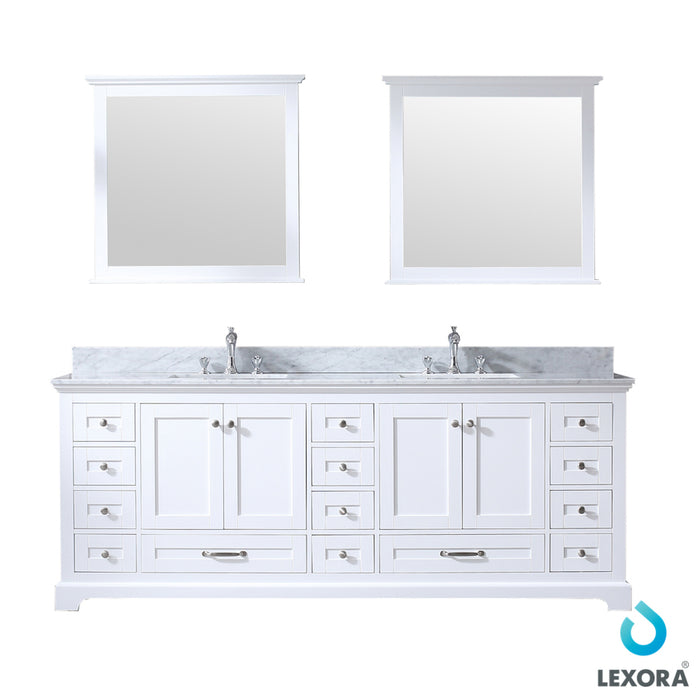 Lexora Dukes 84" White Double Vanity, White Carrara Marble Top, White Square Sinks and 34" Mirrors w/ Faucets LD342284DADSM34F