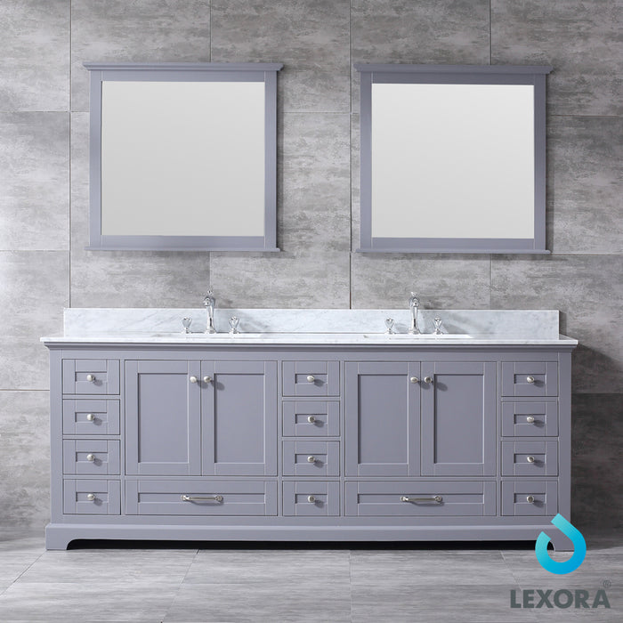 Lexora Dukes 84" Dark Grey Double Vanity, White Carrara Marble Top, White Square Sinks and 34" Mirrors LD342284DBDSM34