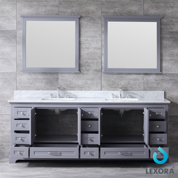 Lexora Dukes 84" Dark Grey Double Vanity, White Carrara Marble Top, White Square Sinks and 34" Mirrors LD342284DBDSM34