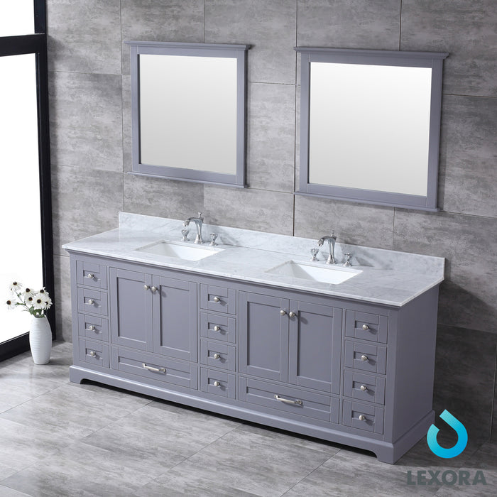 Lexora Dukes 84" Dark Grey Double Vanity, White Carrara Marble Top, White Square Sinks and 34" Mirrors LD342284DBDSM34