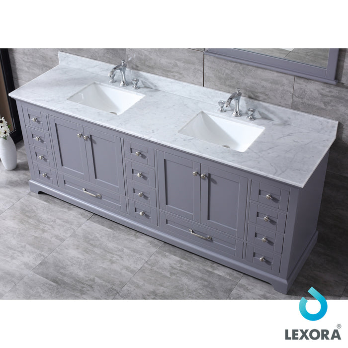 Lexora Dukes 84" Dark Grey Double Vanity, White Carrara Marble Top, White Square Sinks and 34" Mirrors LD342284DBDSM34