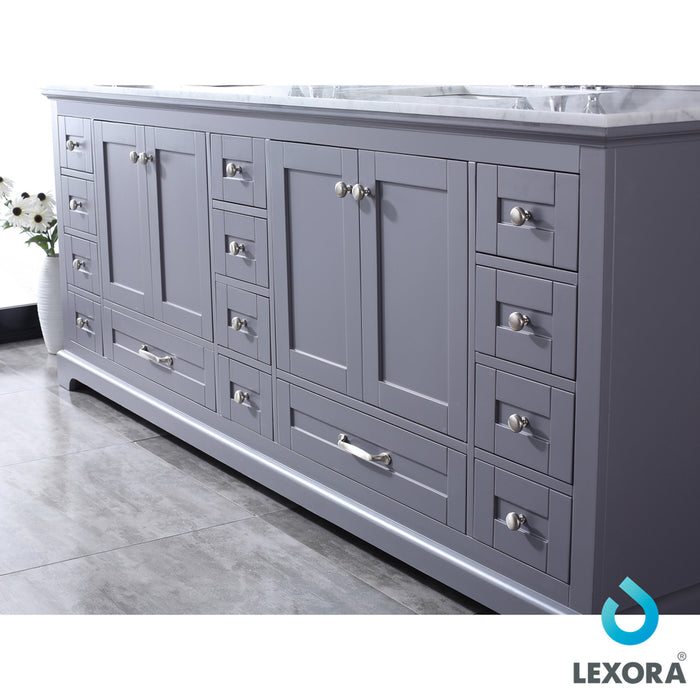 Lexora Dukes 84" Dark Grey Double Vanity, White Carrara Marble Top, White Square Sinks and 34" Mirrors LD342284DBDSM34