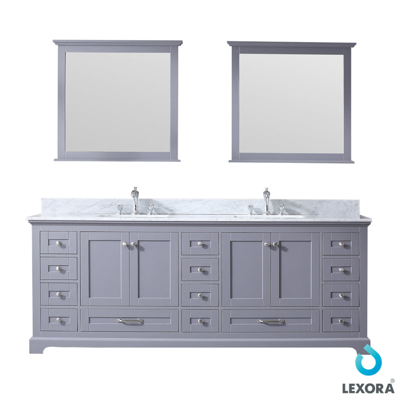 Lexora Dukes 84" Dark Grey Double Vanity, White Carrara Marble Top, White Square Sinks and 34" Mirrors LD342284DBDSM34